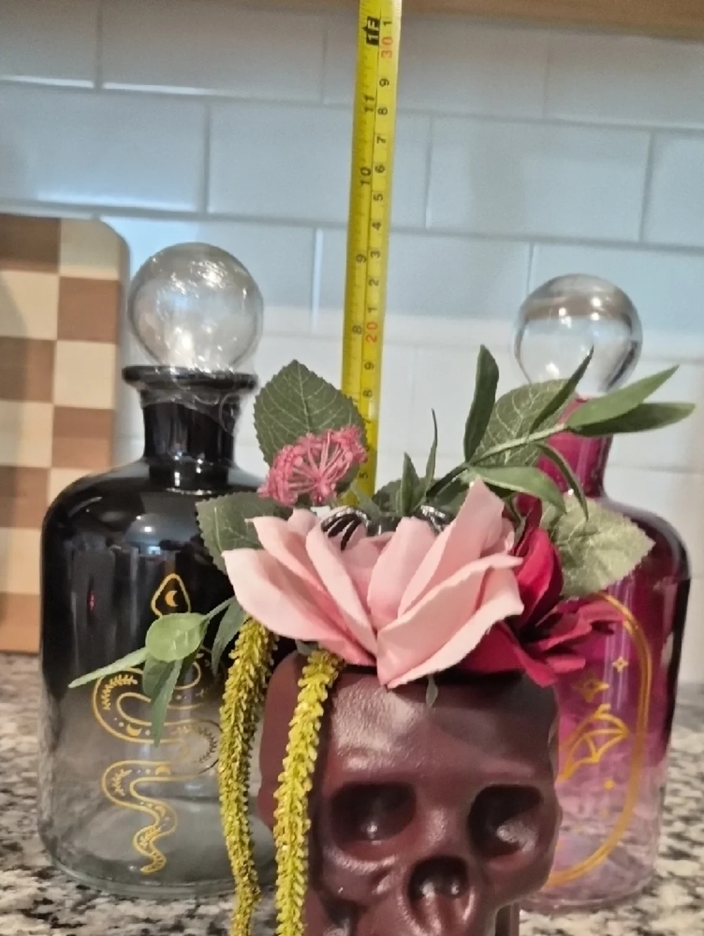 Burgundy Skull Planter with 2 Glass Jars Set Halloween
